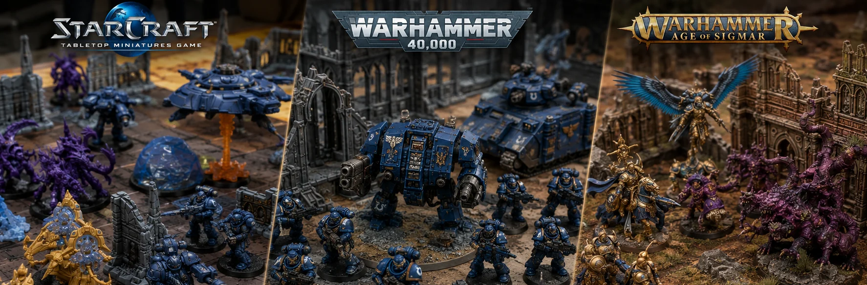 Bannière réunissant les univers StarCraft Tabletop, Warhammer 40,000 et Age of Sigmar